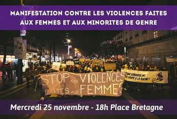  one or more people, text that says 'মলুধর MANIFESTATION CONTRE LES VIOLENCES FAITES AUX FEMMES ET AUX MINORITES DE GENRE OPHÉLIE STOP AUX VIOLENCES TION CİSMASCULI iNE COUPE LA RACINE! PAITES AUX FEMME Mercredi 25 novembre 18h Place Bretagne'